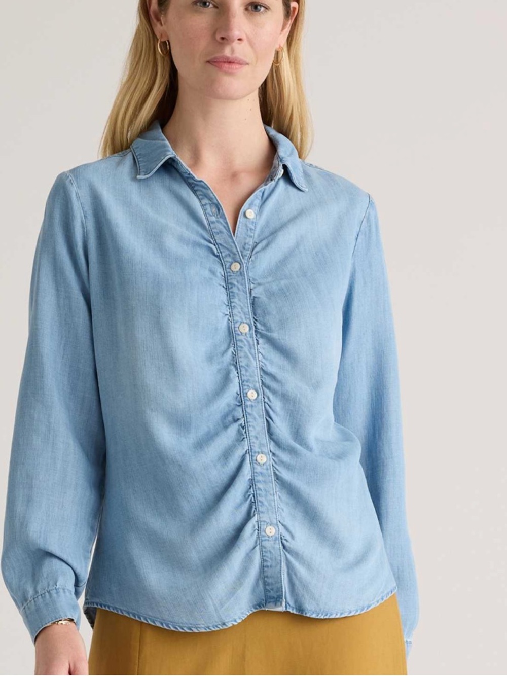 Quince Chambray Tencel Shirred Long Sleeve Shirt Top Blouse Denim Large L